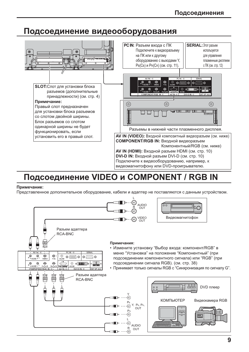 Ɉɨɞɫɨɟɞɢɧɟɧɢɟ video ɢ component / rgb in, Ɉɨɞɫɨɟɞɢɧɟɧɢɟ ɜɢɞɟɨɨɛɨɪɭɞɨɜɚɧɢɹ, Ɉɨɞɫɨɟɞɢɧɟɧɢɹ | Panasonic TH-42PH20 User Manual | Page 9 / 55