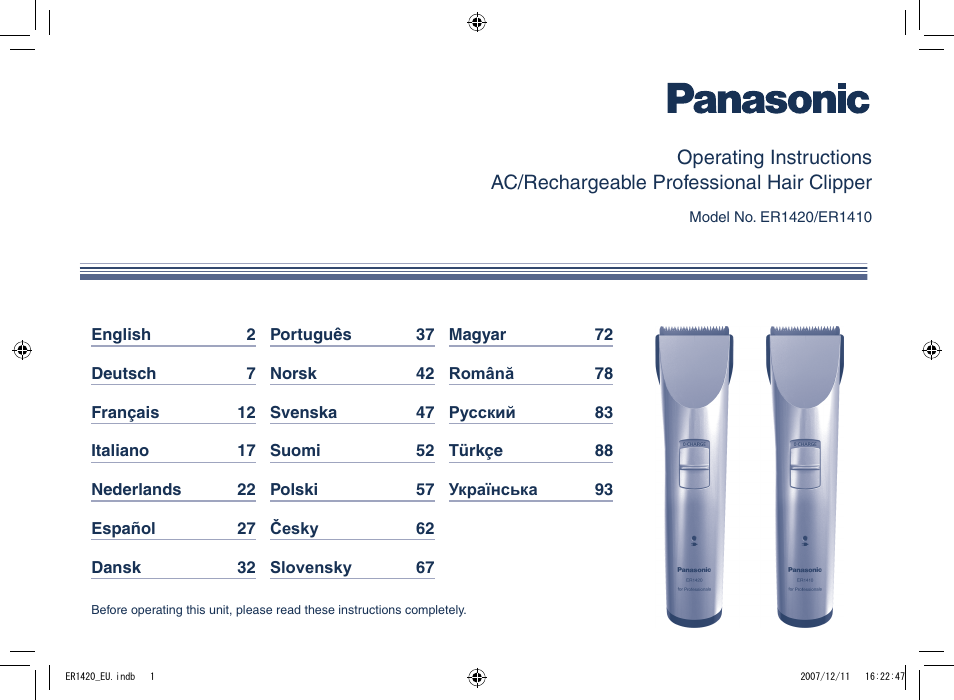 Panasonic ER1420 User Manual | 100 pages