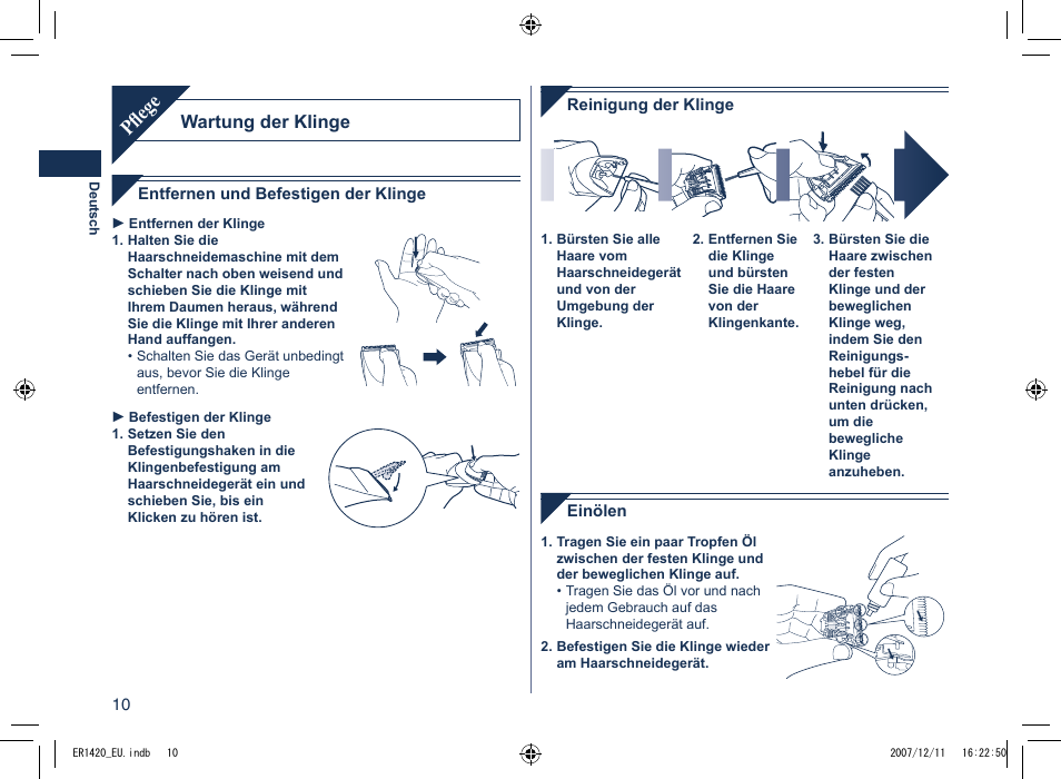 Pflege, Wartung der klinge | Panasonic ER1420 User Manual | Page 10 / 100