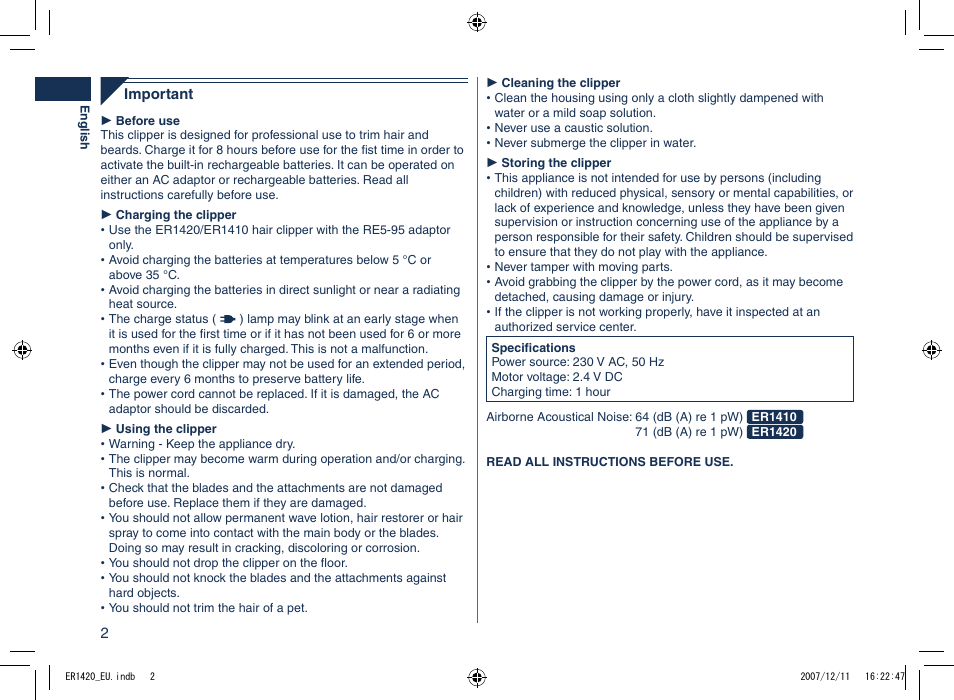 Panasonic ER1420 User Manual | Page 2 / 100