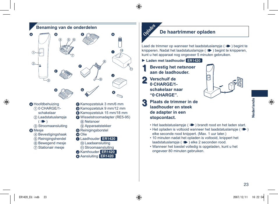 Opladen | Panasonic ER1420 User Manual | Page 23 / 100