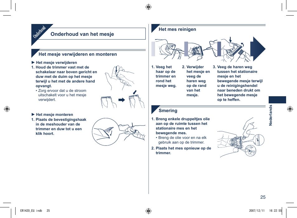 Onderhoud, Onderhoud van het mesje | Panasonic ER1420 User Manual | Page 25 / 100