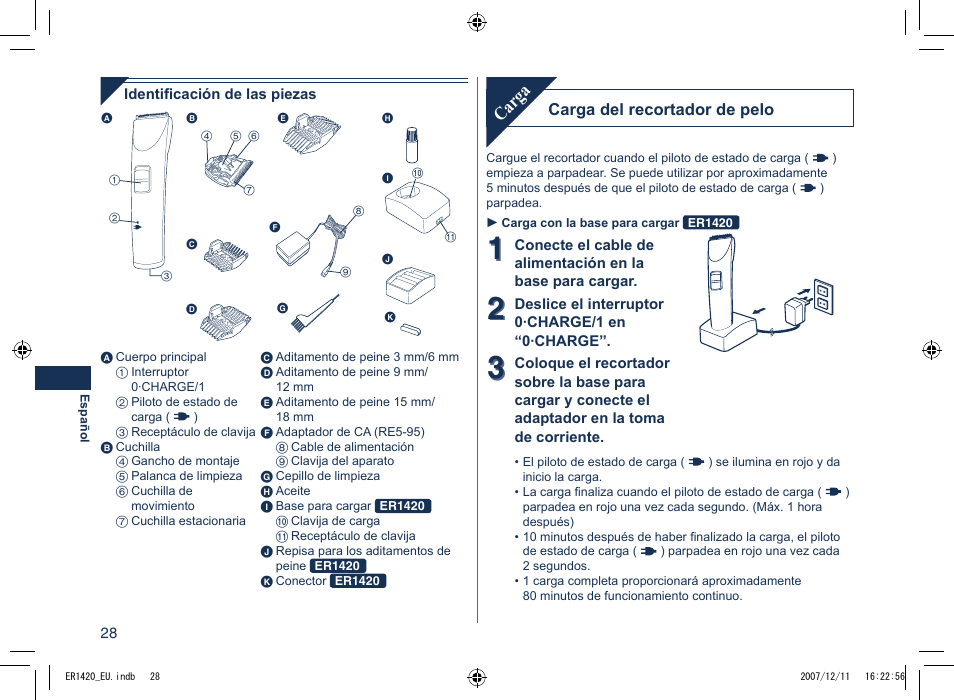 Carga, Carga del recortador de pelo | Panasonic ER1420 User Manual | Page 28 / 100