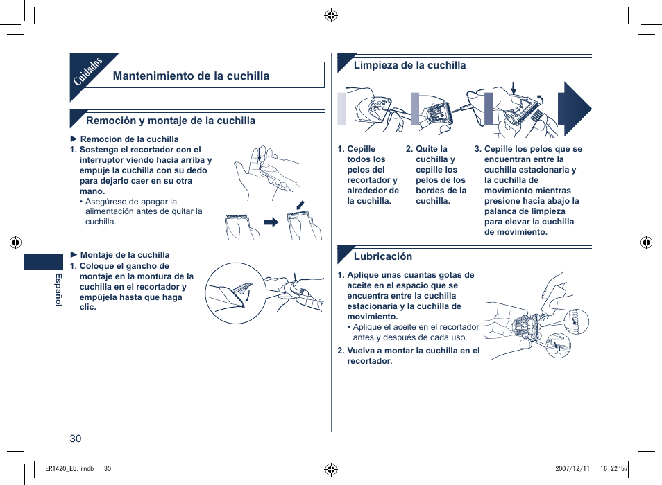 Cuidados, Mantenimiento de la cuchilla | Panasonic ER1420 User Manual | Page 30 / 100