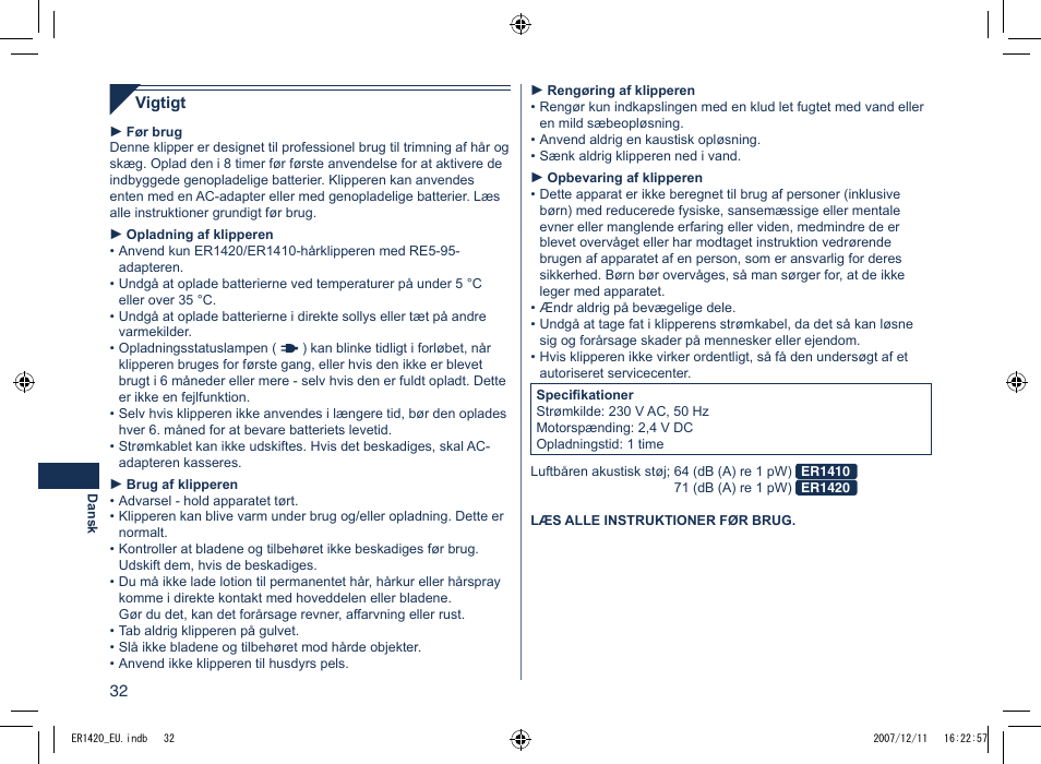 Panasonic ER1420 User Manual | Page 32 / 100