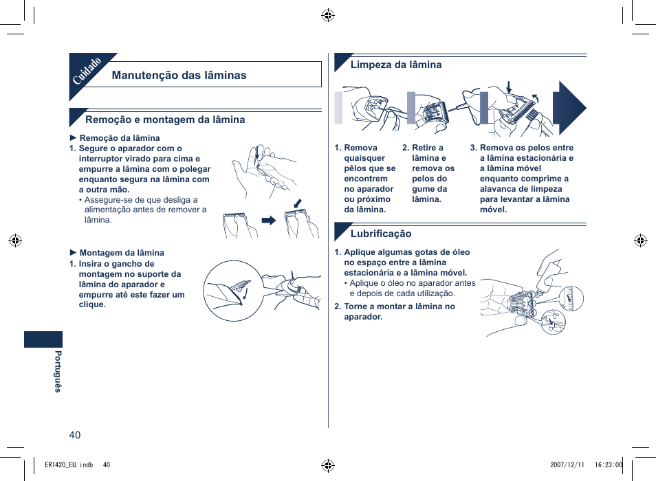 Cuidado, Manutenção das lâminas | Panasonic ER1420 User Manual | Page 40 / 100