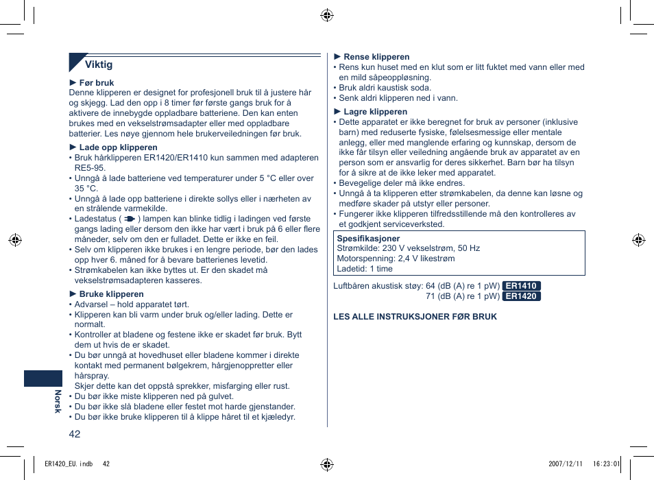 Panasonic ER1420 User Manual | Page 42 / 100