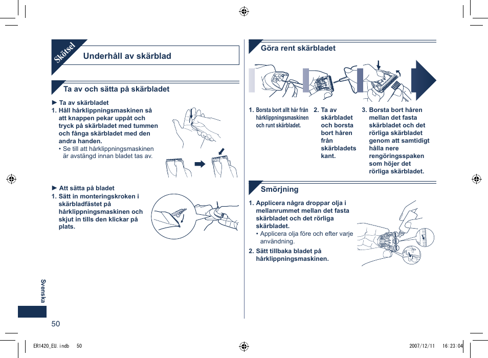 Skötsel, Underhåll av skärblad | Panasonic ER1420 User Manual | Page 50 / 100