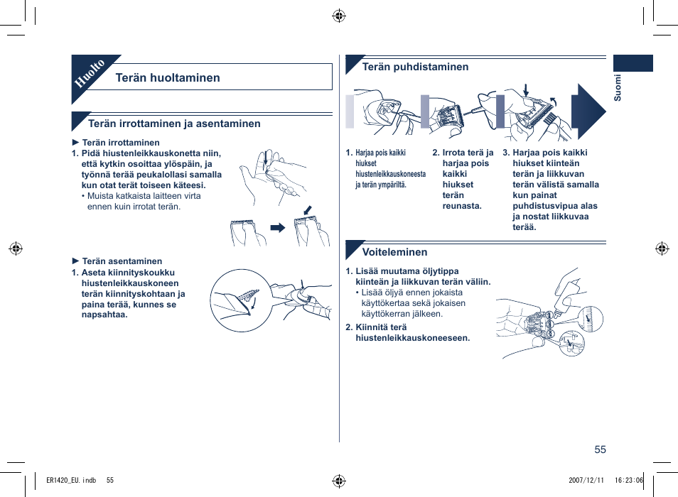 Huolto, Terän huoltaminen | Panasonic ER1420 User Manual | Page 55 / 100