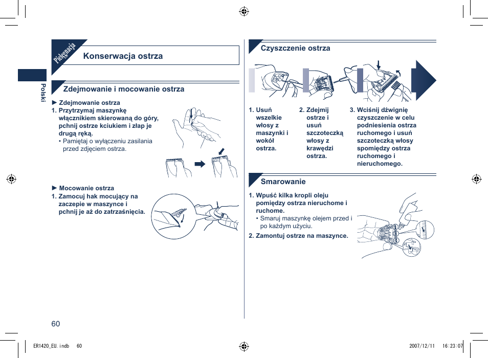 Pielęgnacja, Konserwacja ostrza | Panasonic ER1420 User Manual | Page 60 / 100