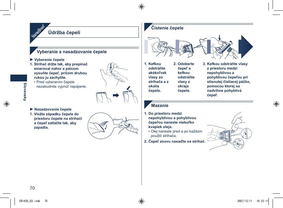 Star ostlivosť, Údržba čepelí | Panasonic ER1420 User Manual | Page 70 / 100