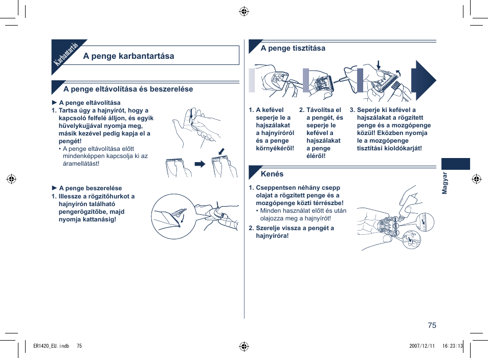 Karbantartás, A penge karbantartása | Panasonic ER1420 User Manual | Page 75 / 100