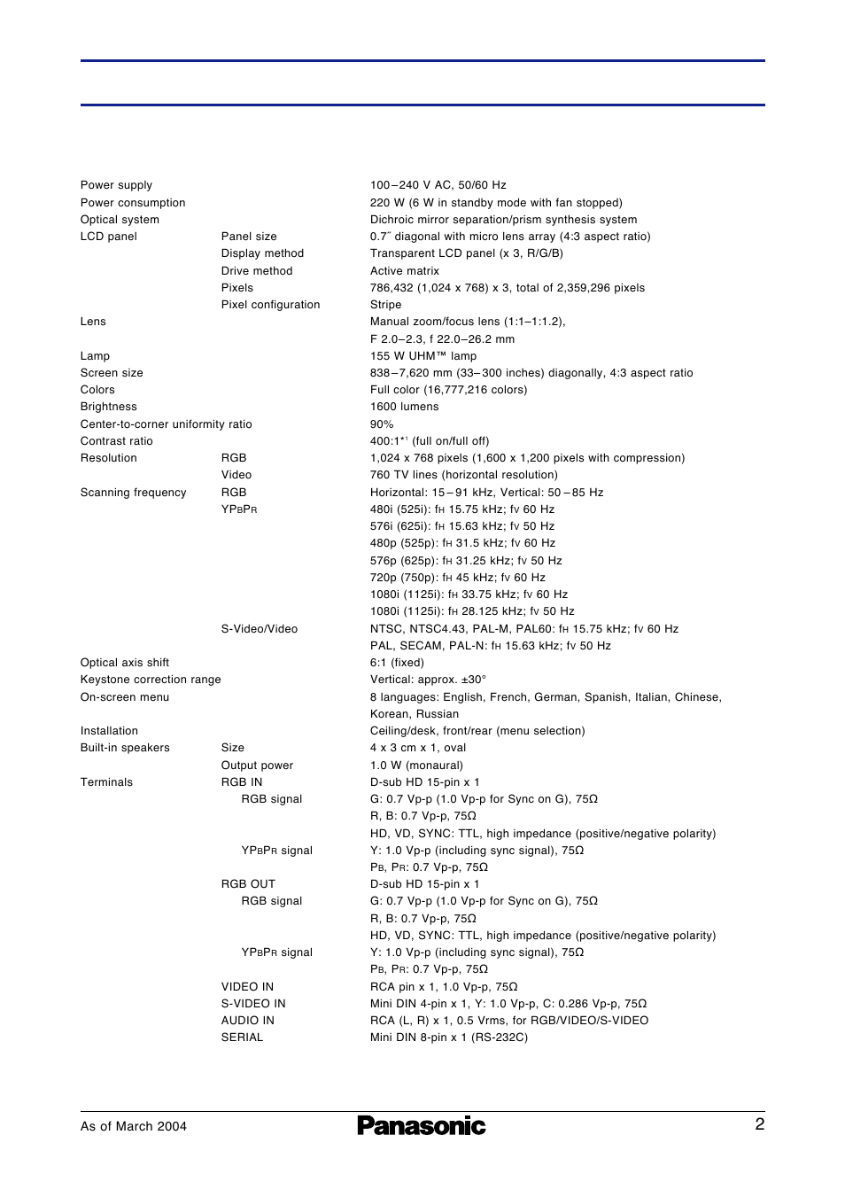 Specifications, Pt-lb10v | Panasonic PT-LB10V User Manual | Page 2 / 5