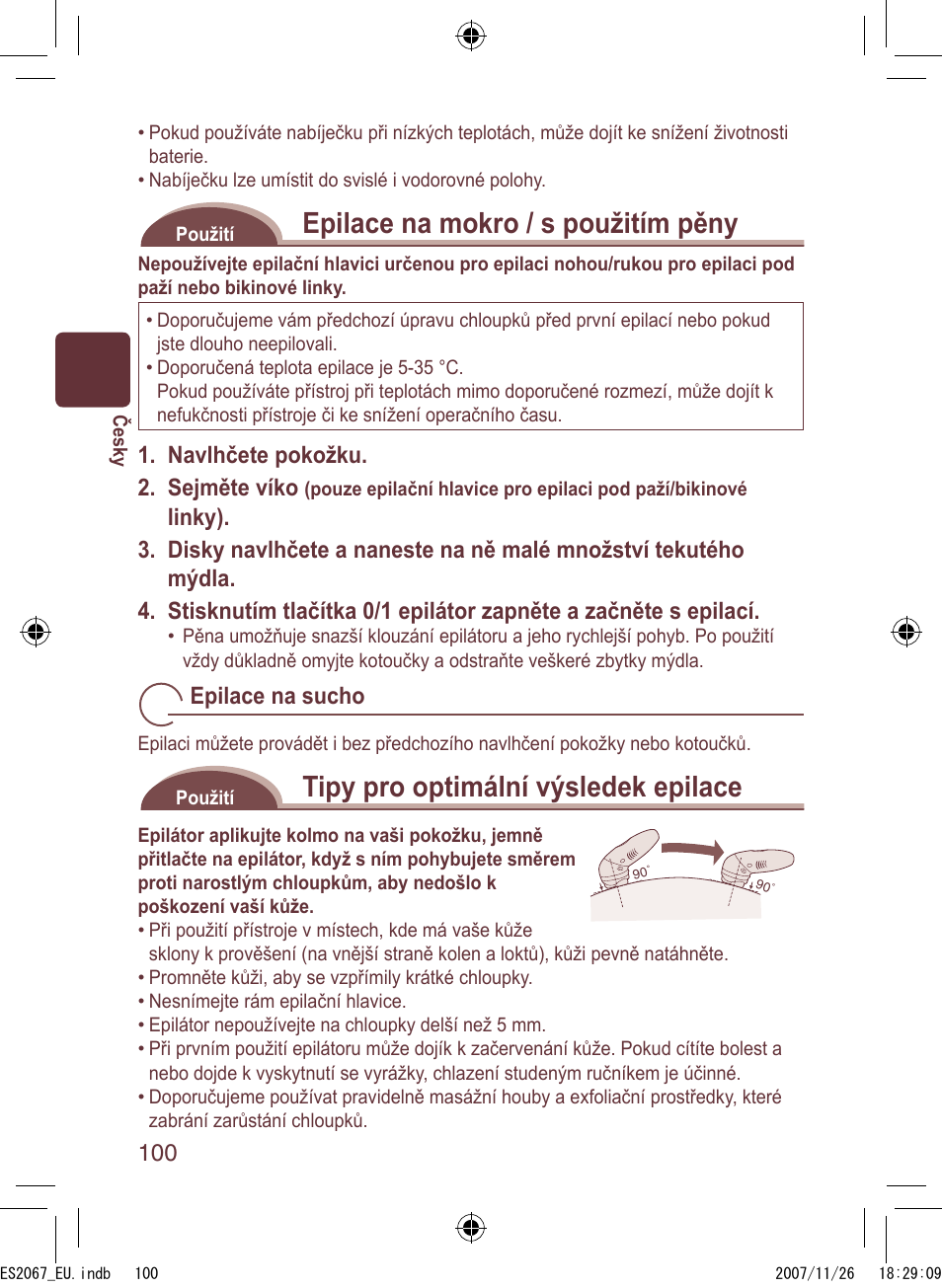 Epilace na mokro / s použitím pěny, Tipy pro optimální výsledek epilace | Panasonic ES2067 User Manual | Page 100 / 168