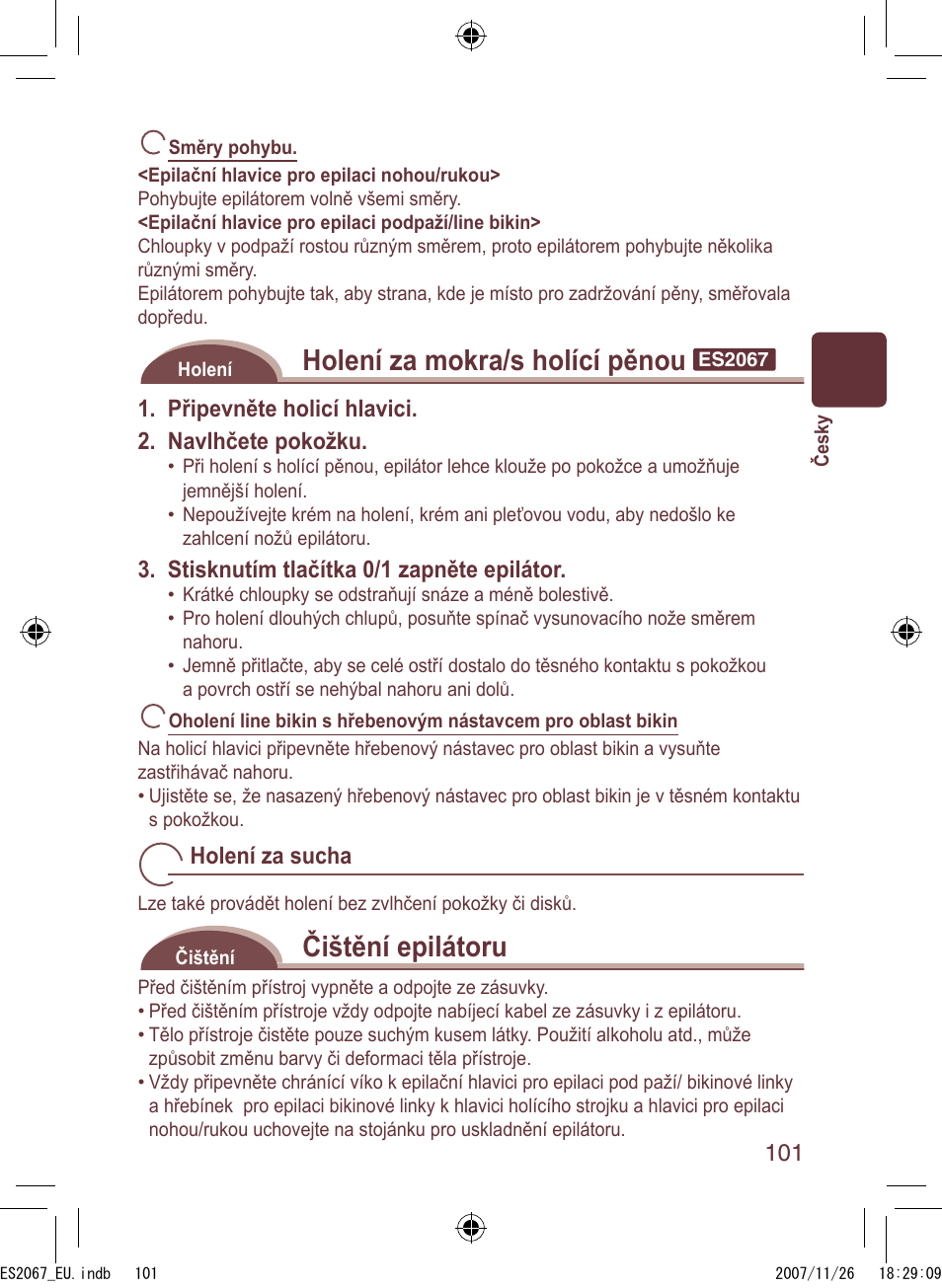 Holení za mokra/s holící pěnou, Čištění epilátoru | Panasonic ES2067 User Manual | Page 101 / 168