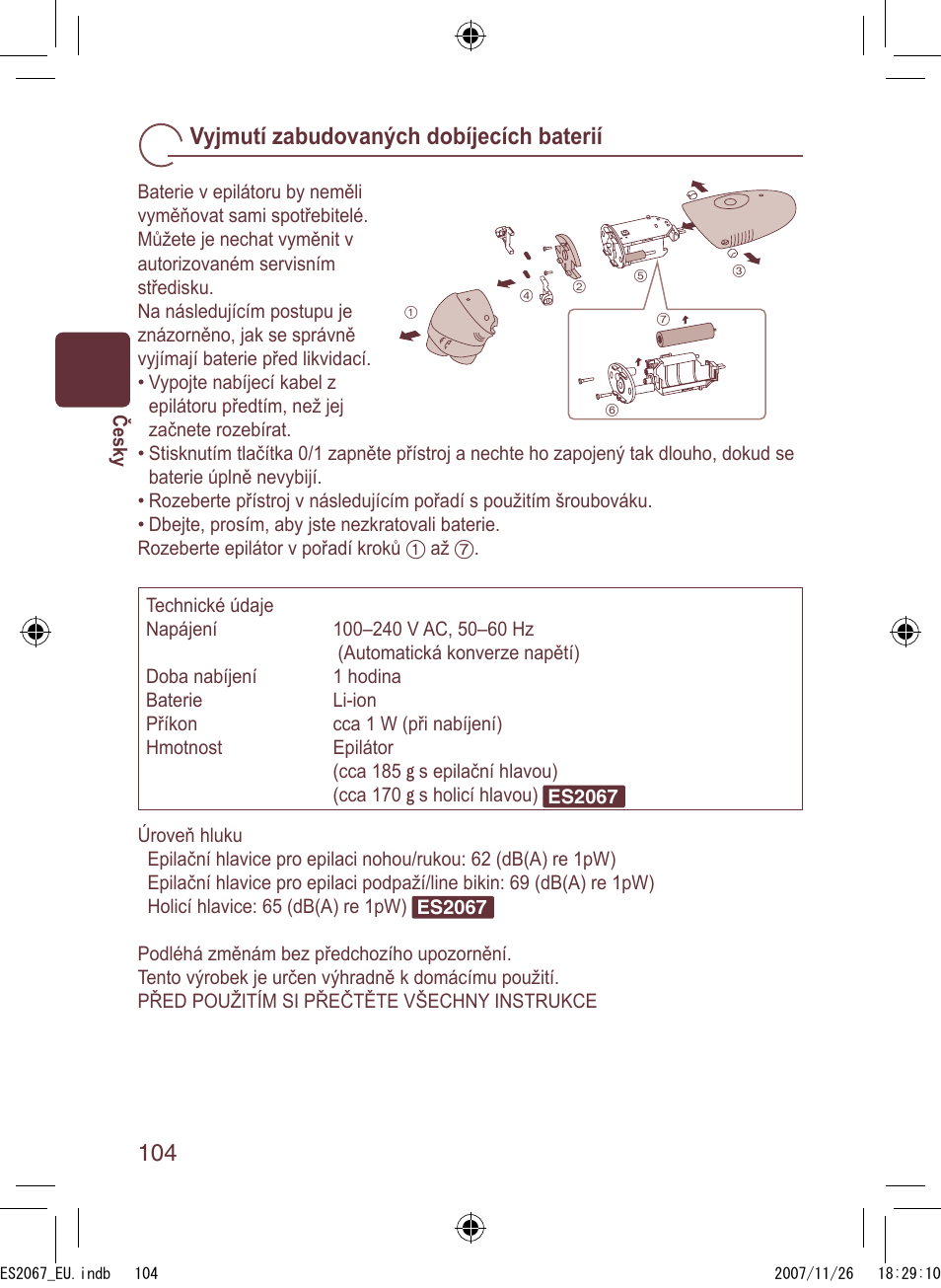 Vyjmutí zabudovaných dobíjecích baterií | Panasonic ES2067 User Manual | Page 104 / 168