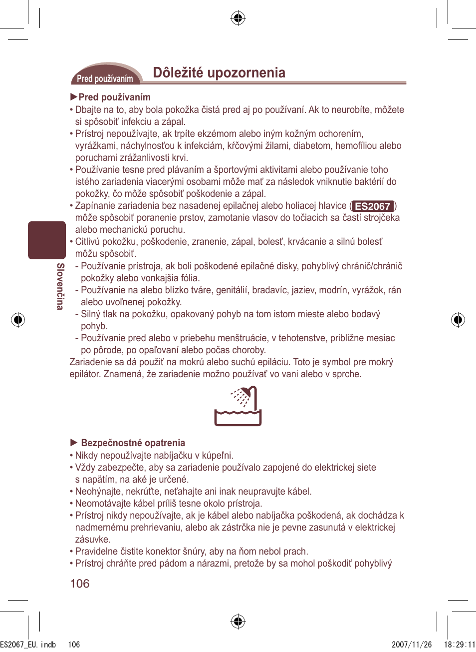 Dôležité upozornenia | Panasonic ES2067 User Manual | Page 106 / 168