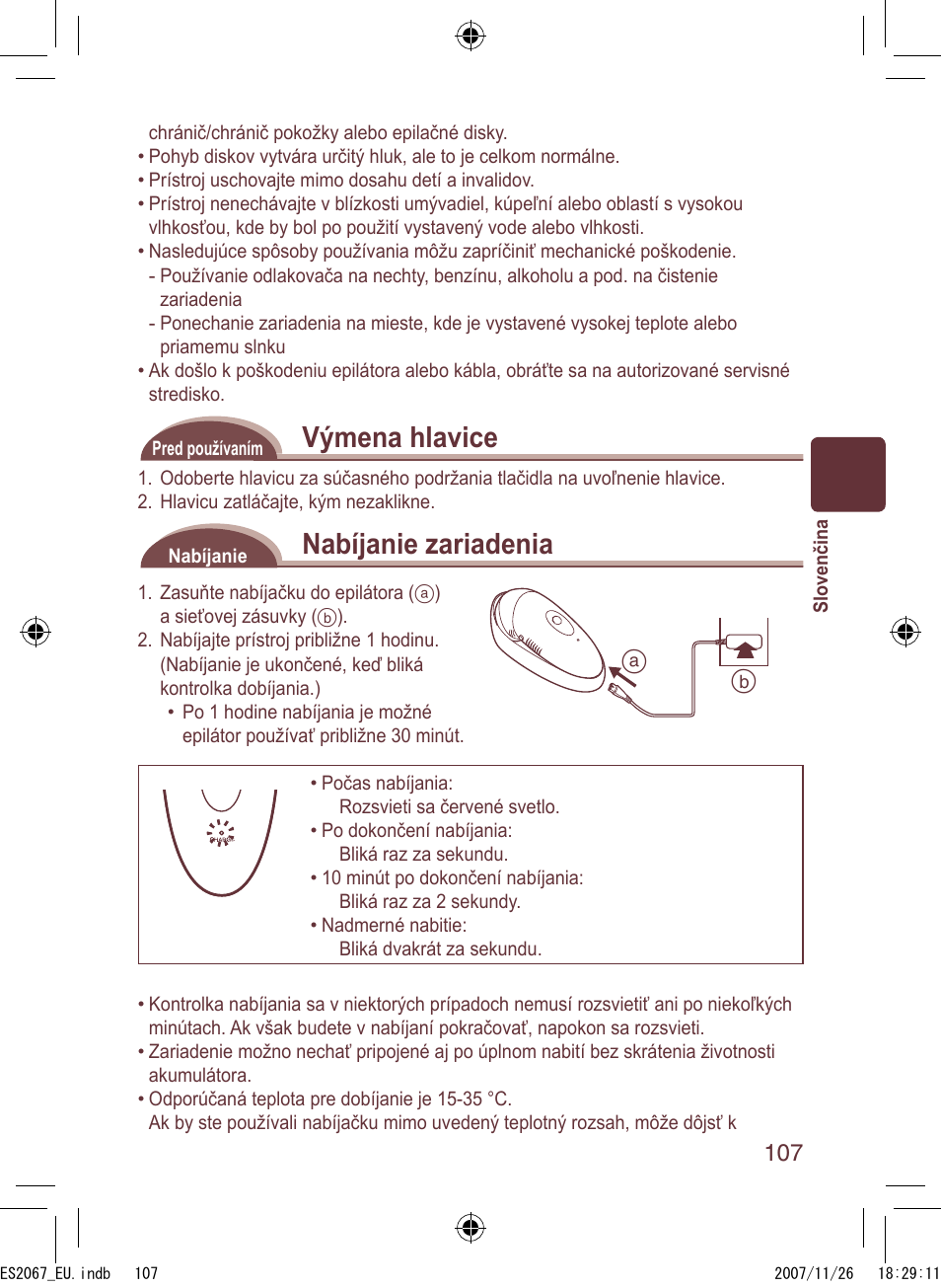 Výmena hlavice, Nabíjanie zariadenia | Panasonic ES2067 User Manual | Page 107 / 168