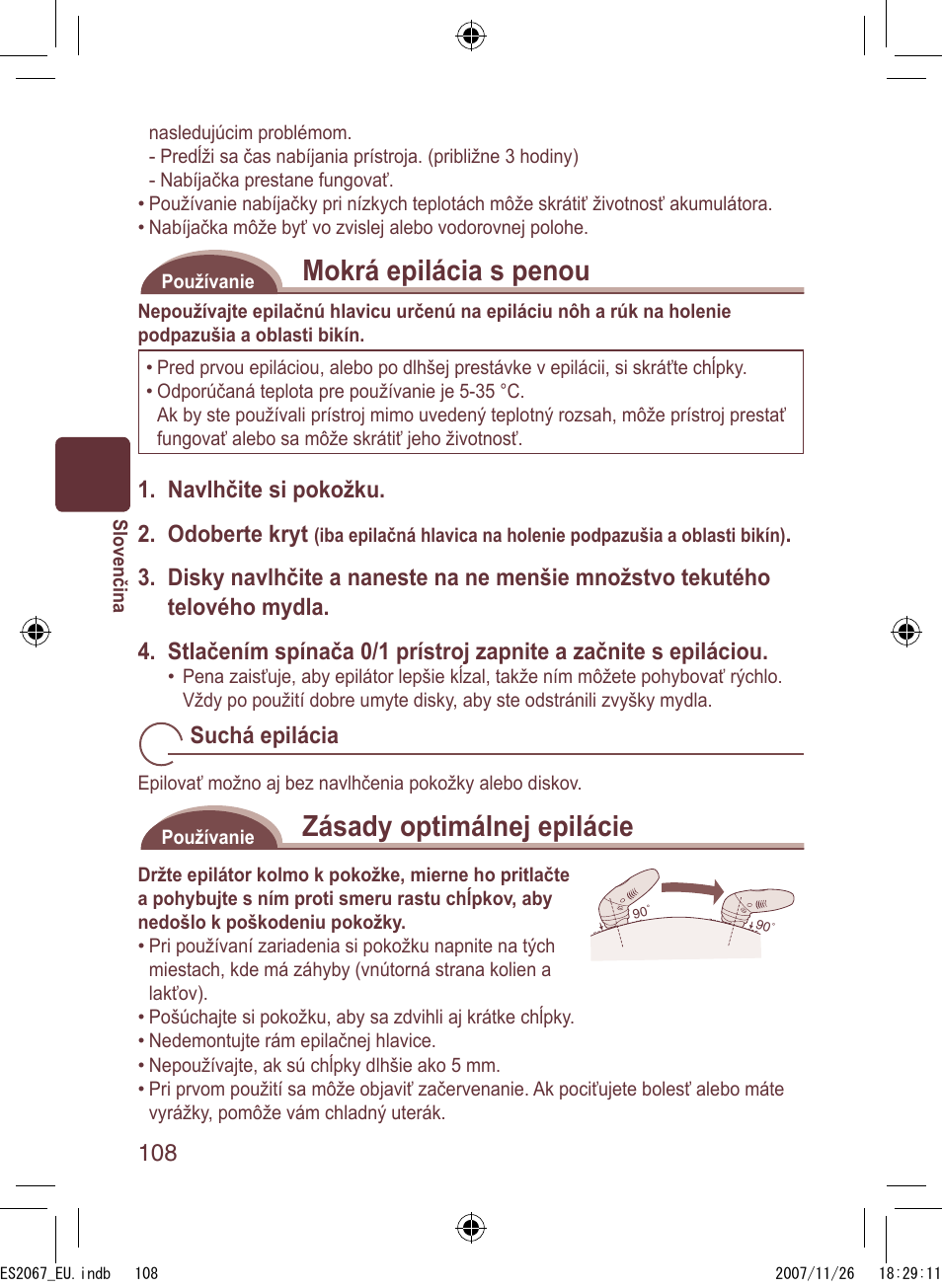 Mokrá epilácia s penou, Zásady optimálnej epilácie, Navlhčite si pokožku. 2. odoberte kryt | Suchá epilácia | Panasonic ES2067 User Manual | Page 108 / 168