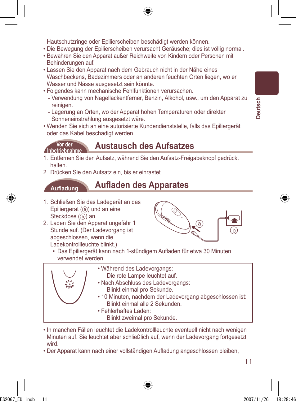 Austausch des aufsatzes, Auﬂ aden des apparates | Panasonic ES2067 User Manual | Page 11 / 168