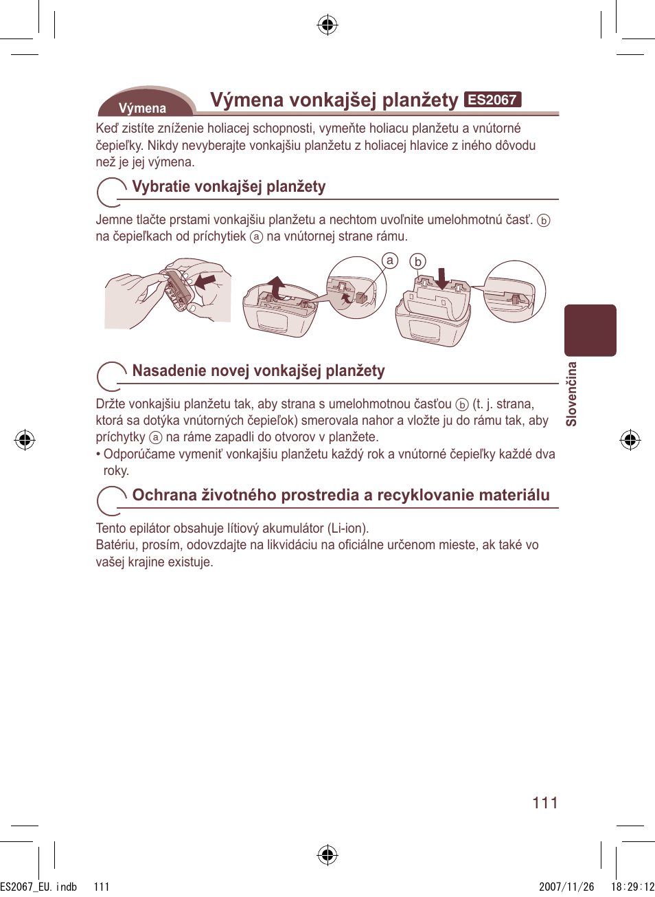 Výmena vonkajšej planžety | Panasonic ES2067 User Manual | Page 111 / 168