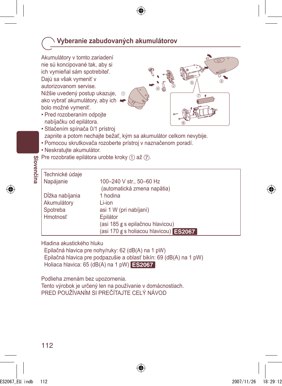 Vyberanie zabudovaných akumulátorov | Panasonic ES2067 User Manual | Page 112 / 168