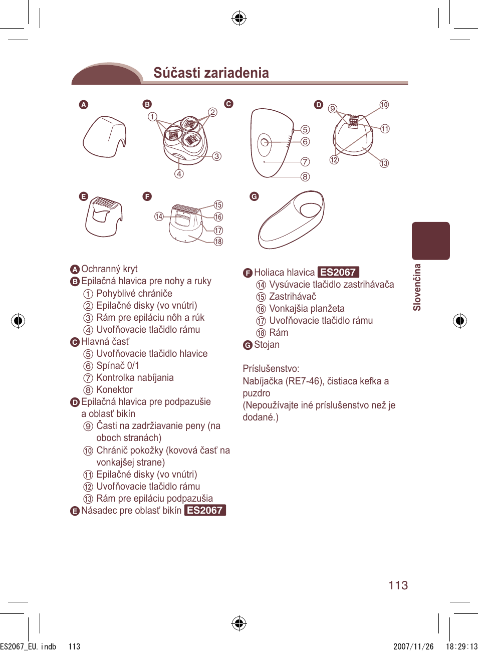 Súčasti zariadenia | Panasonic ES2067 User Manual | Page 113 / 168