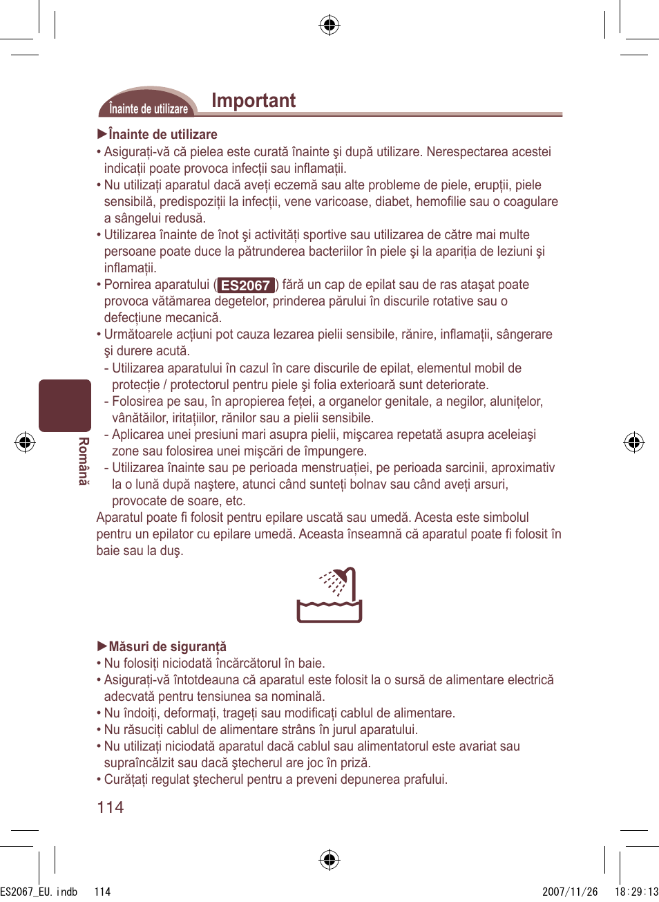Important | Panasonic ES2067 User Manual | Page 114 / 168