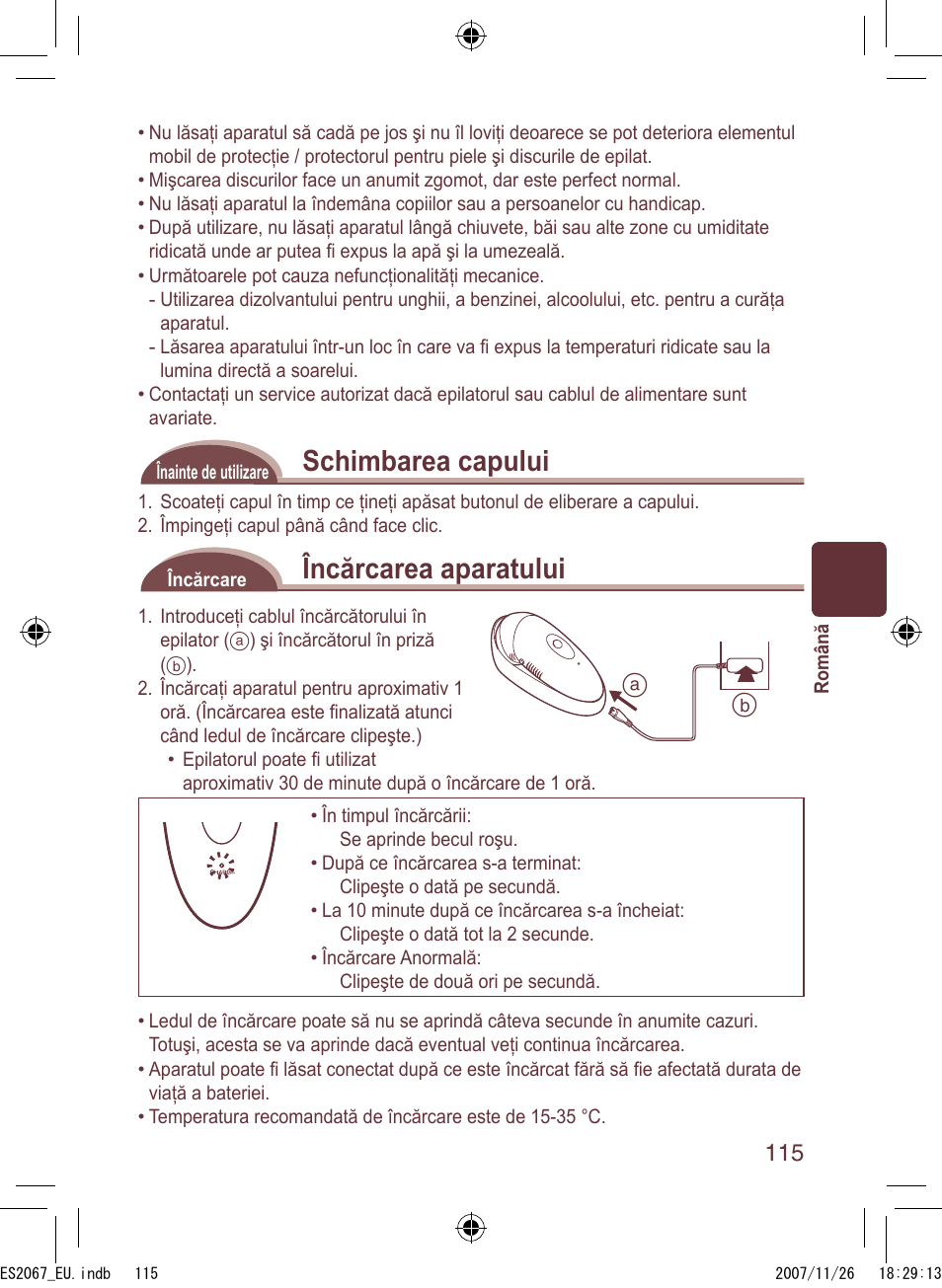 Schimbarea capului, Încărcarea aparatului | Panasonic ES2067 User Manual | Page 115 / 168
