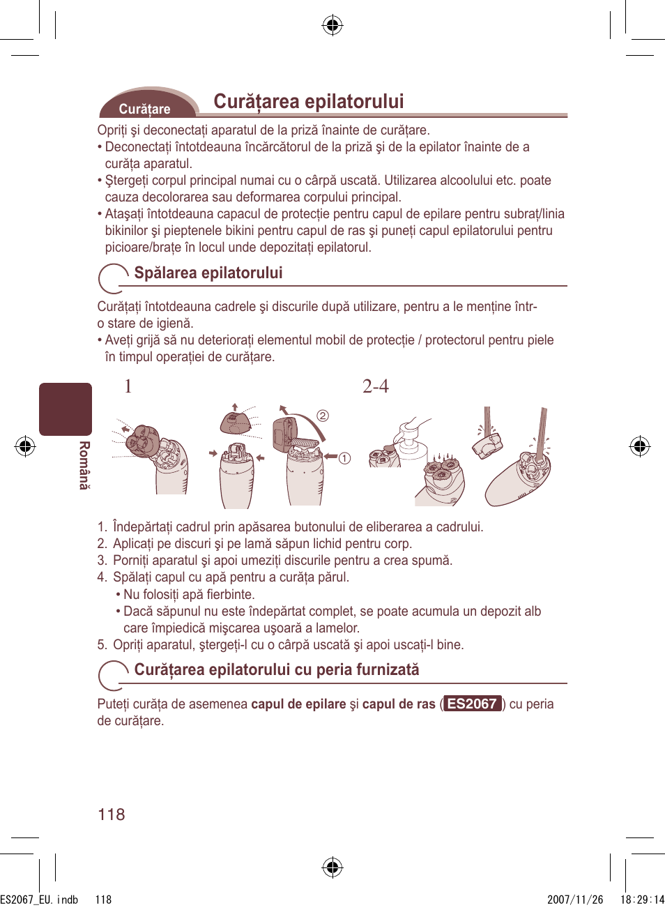 Curăţarea epilatorului | Panasonic ES2067 User Manual | Page 118 / 168