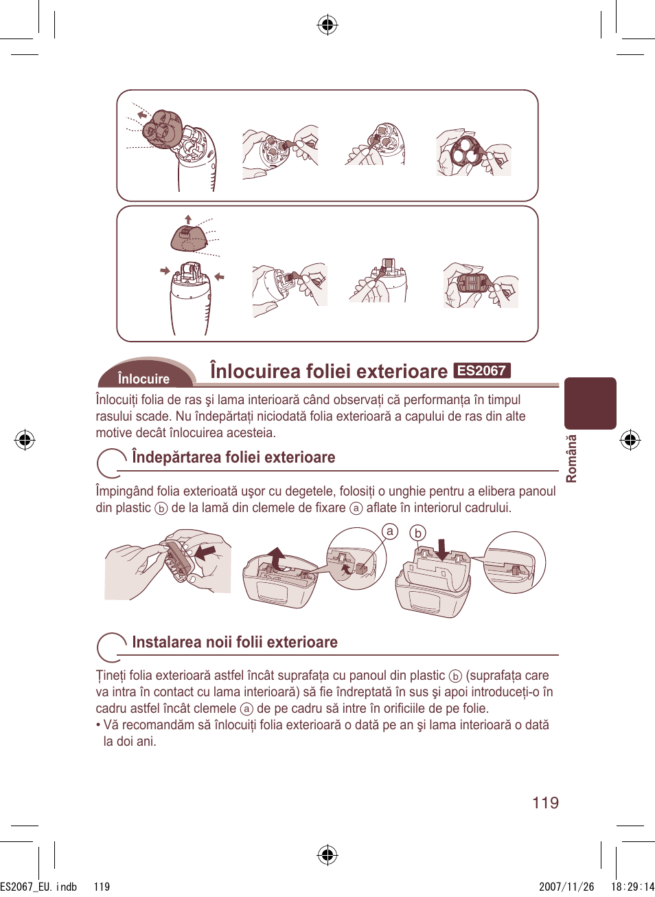 Înlocuirea foliei exterioare | Panasonic ES2067 User Manual | Page 119 / 168