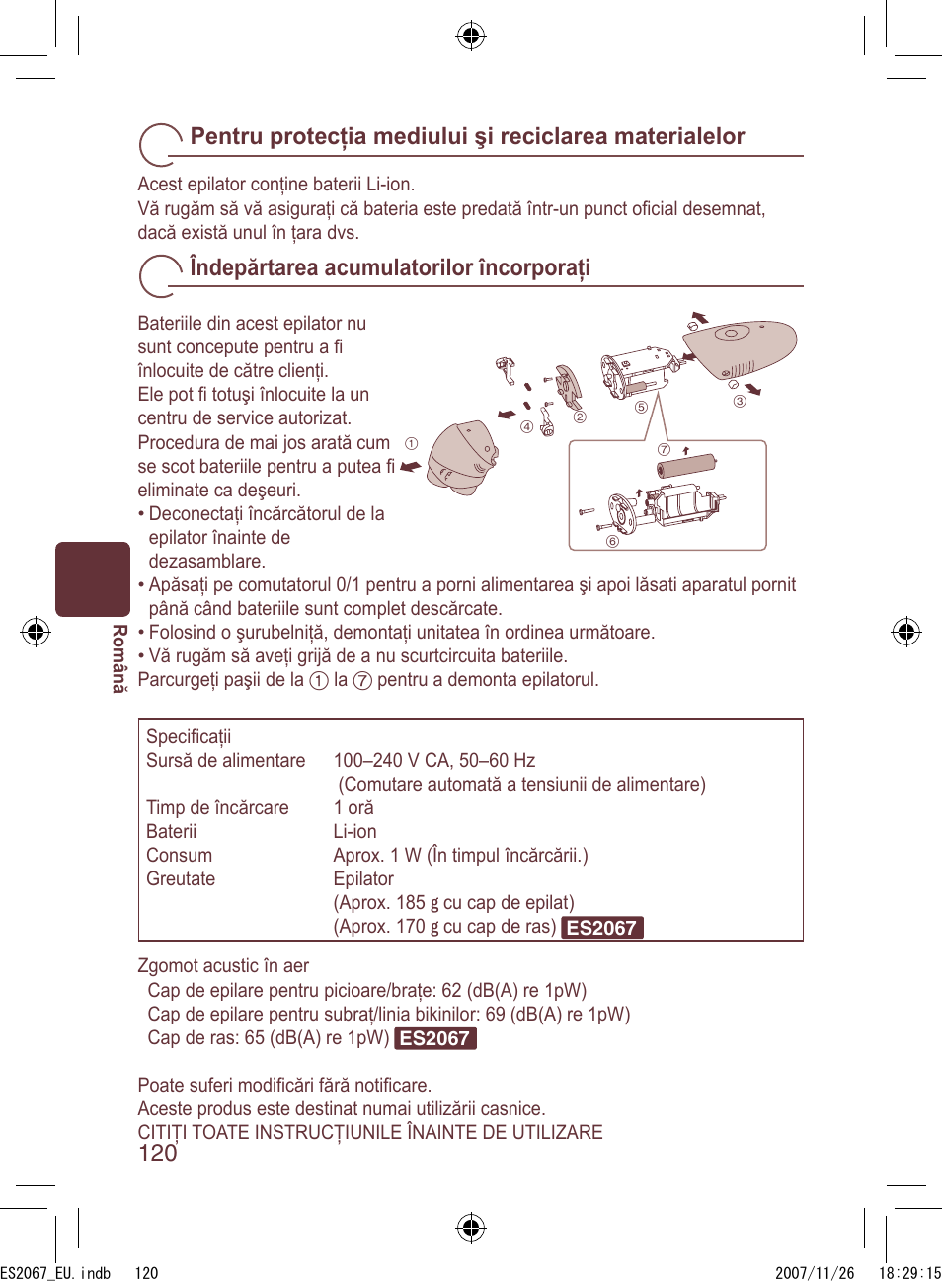 Îndepărtarea acumulatorilor încorporaţi | Panasonic ES2067 User Manual | Page 120 / 168