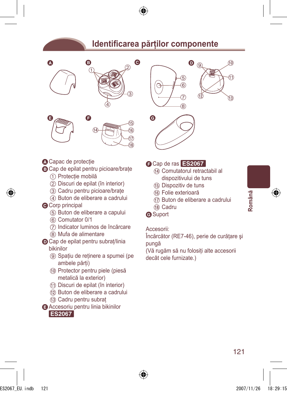 Identiﬁ carea părţilor componente | Panasonic ES2067 User Manual | Page 121 / 168