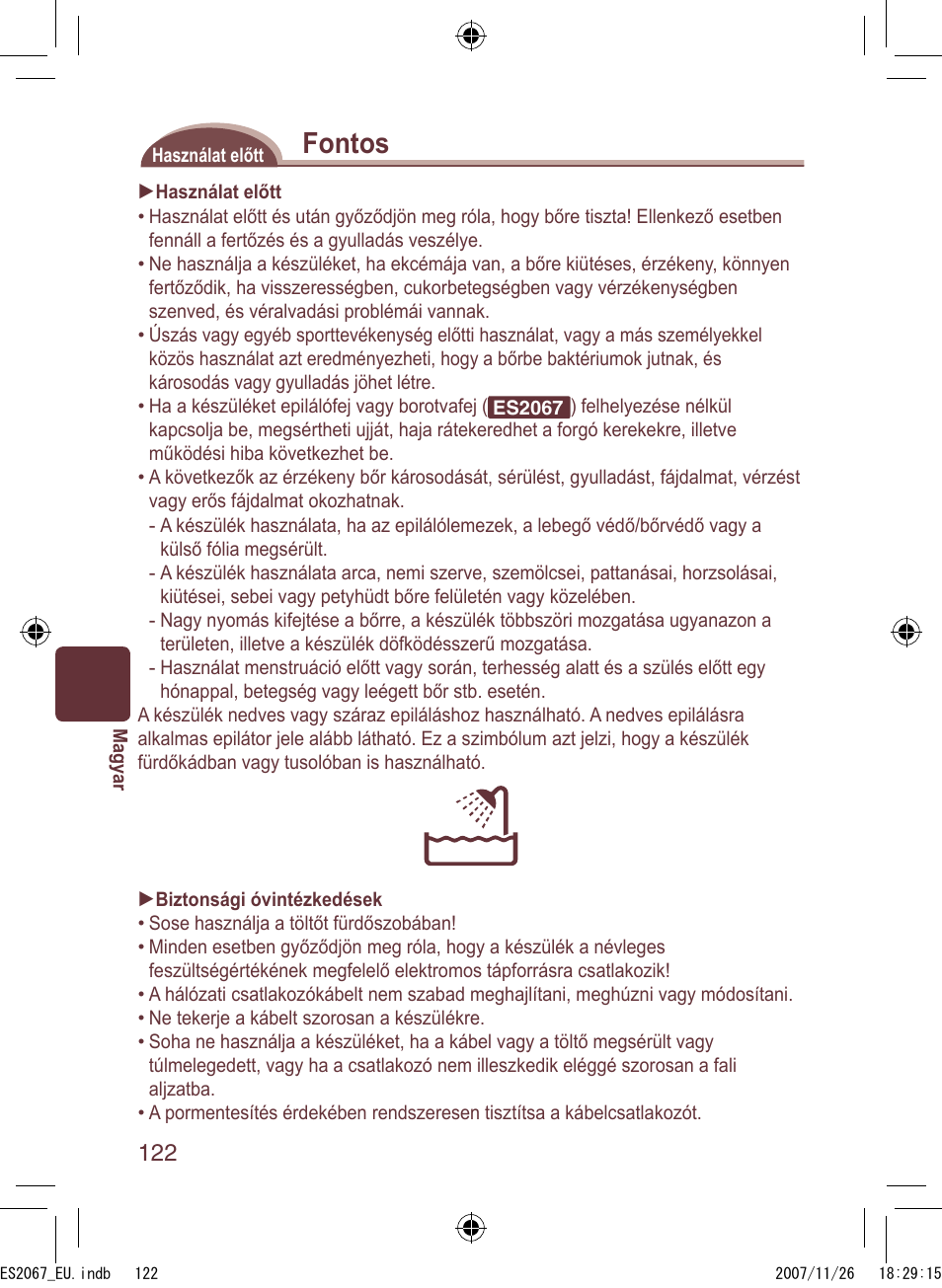 Fontos | Panasonic ES2067 User Manual | Page 122 / 168