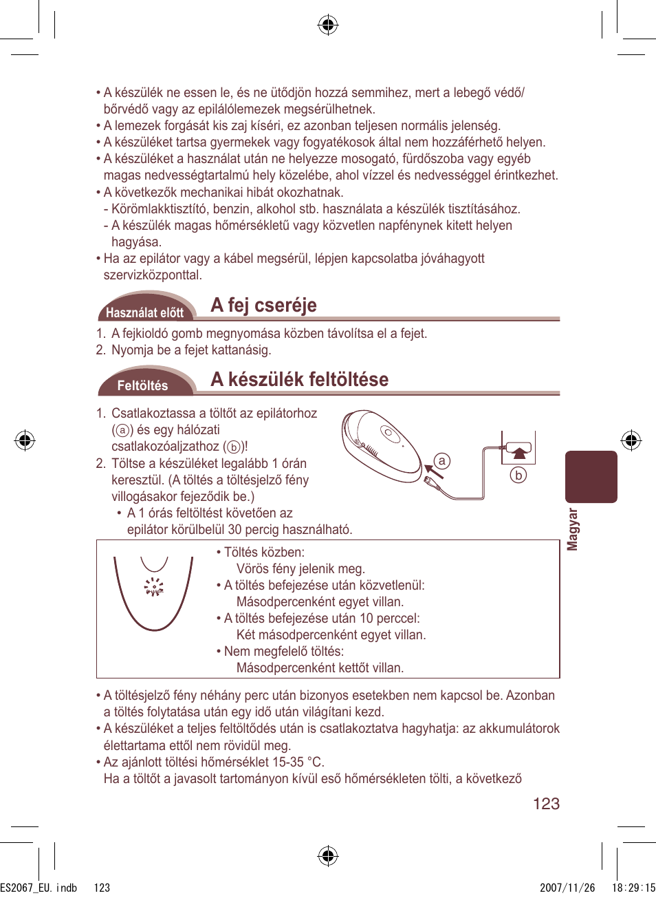 A fej cseréje, A készülék feltöltése | Panasonic ES2067 User Manual | Page 123 / 168