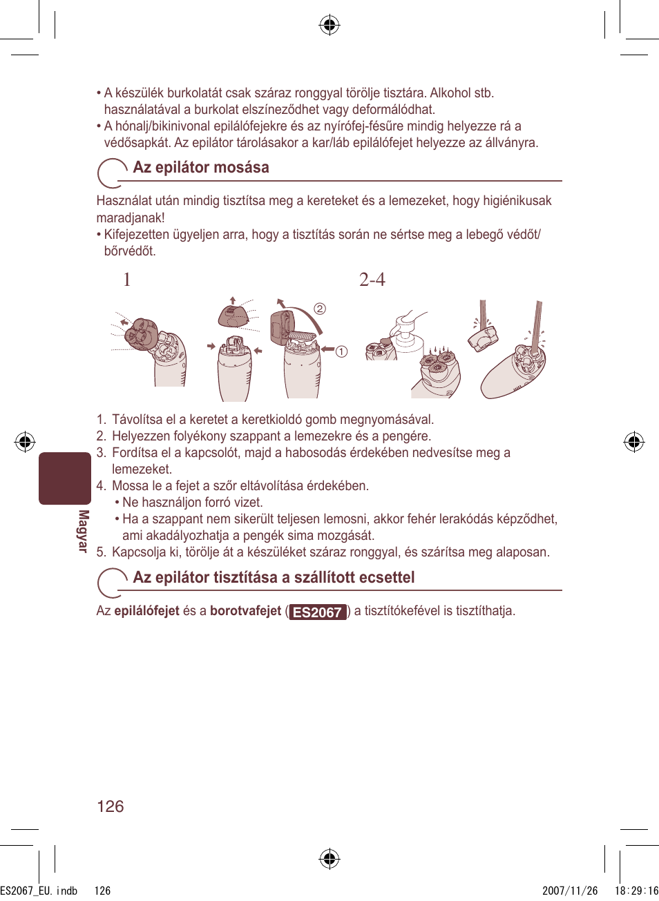 Az epilátor mosása, Az epilátor tisztítása a szállított ecsettel | Panasonic ES2067 User Manual | Page 126 / 168