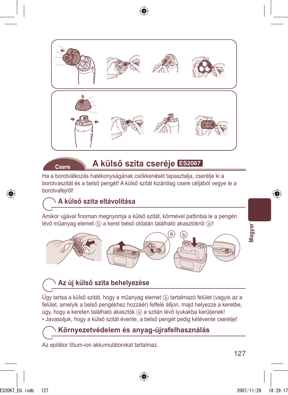 A külső szita cseréje | Panasonic ES2067 User Manual | Page 127 / 168
