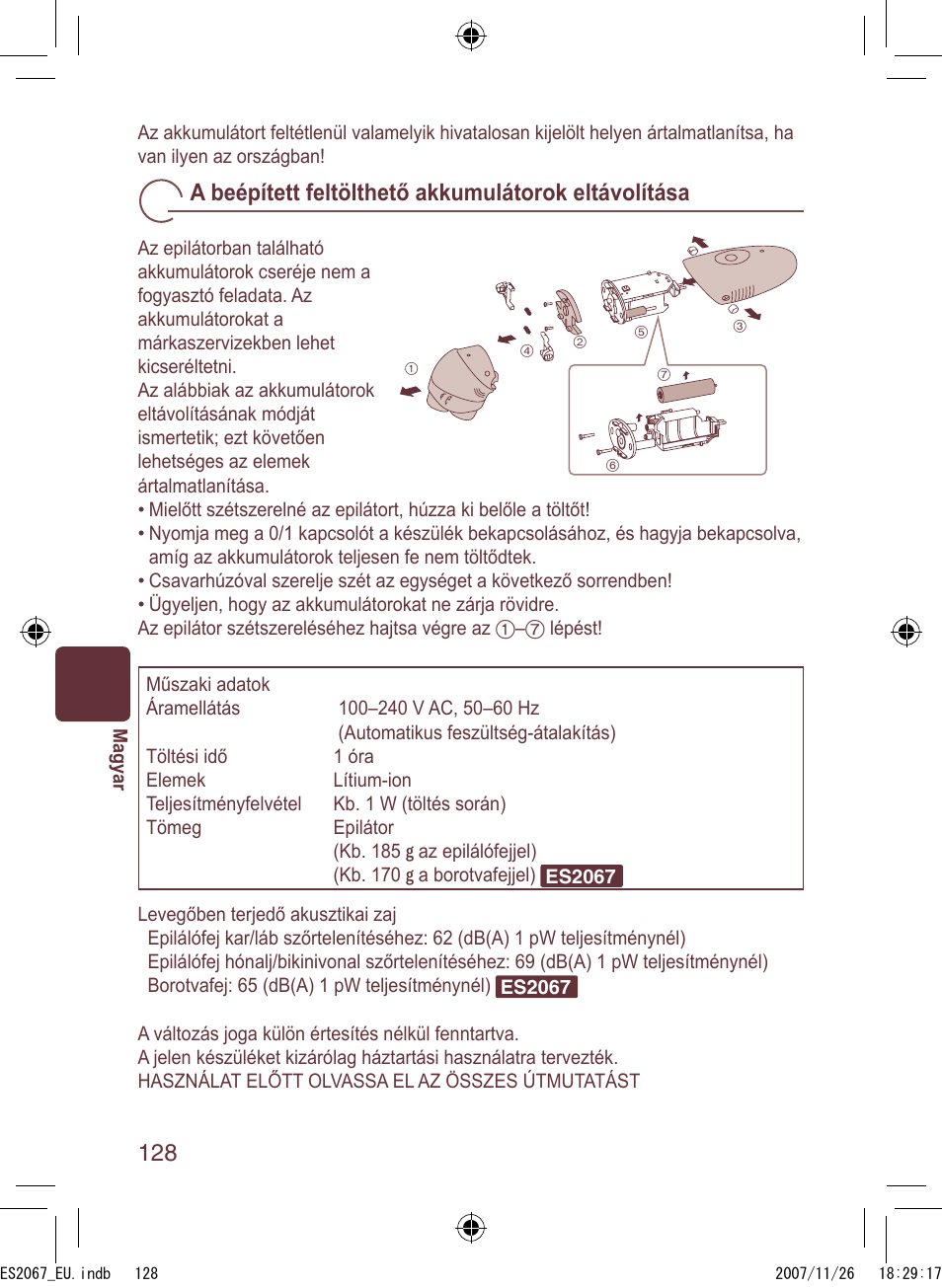 A beépített feltölthető akkumulátorok eltávolítása | Panasonic ES2067 User Manual | Page 128 / 168