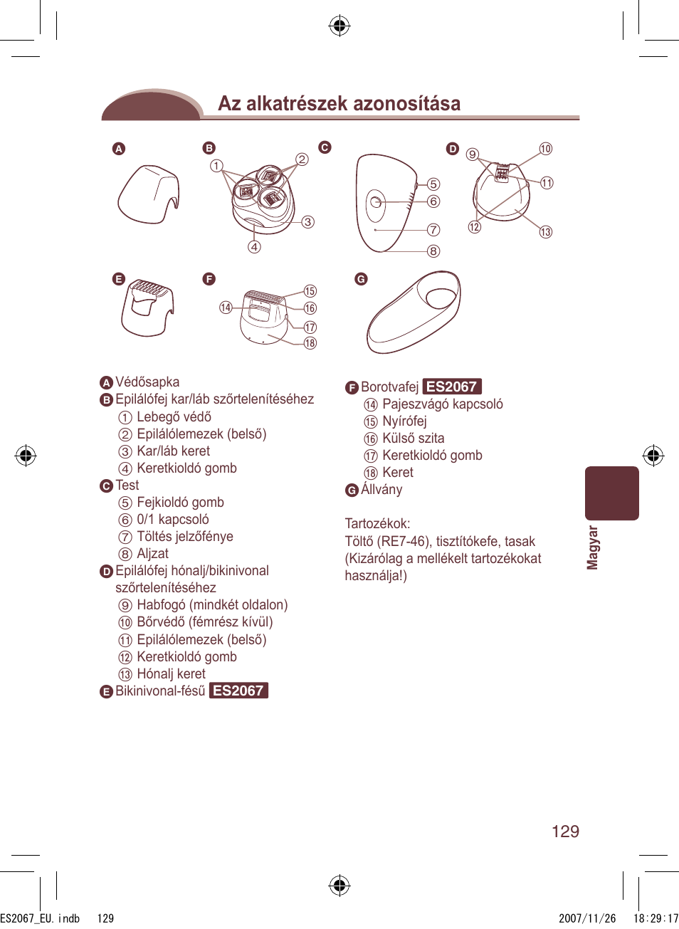 Az alkatrészek azonosítása | Panasonic ES2067 User Manual | Page 129 / 168