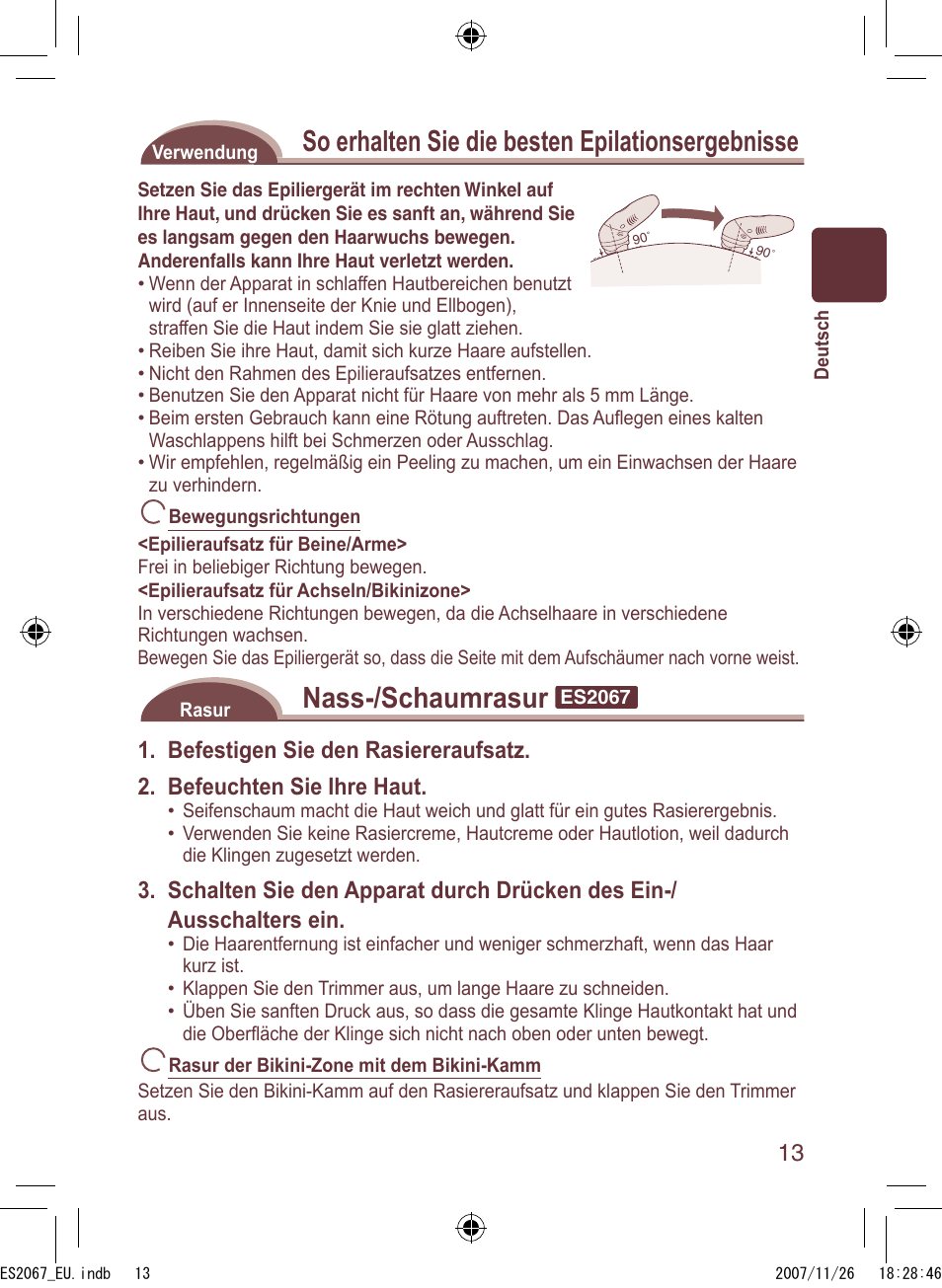 So erhalten sie die besten epilationsergebnisse, Nass-/schaumrasur | Panasonic ES2067 User Manual | Page 13 / 168