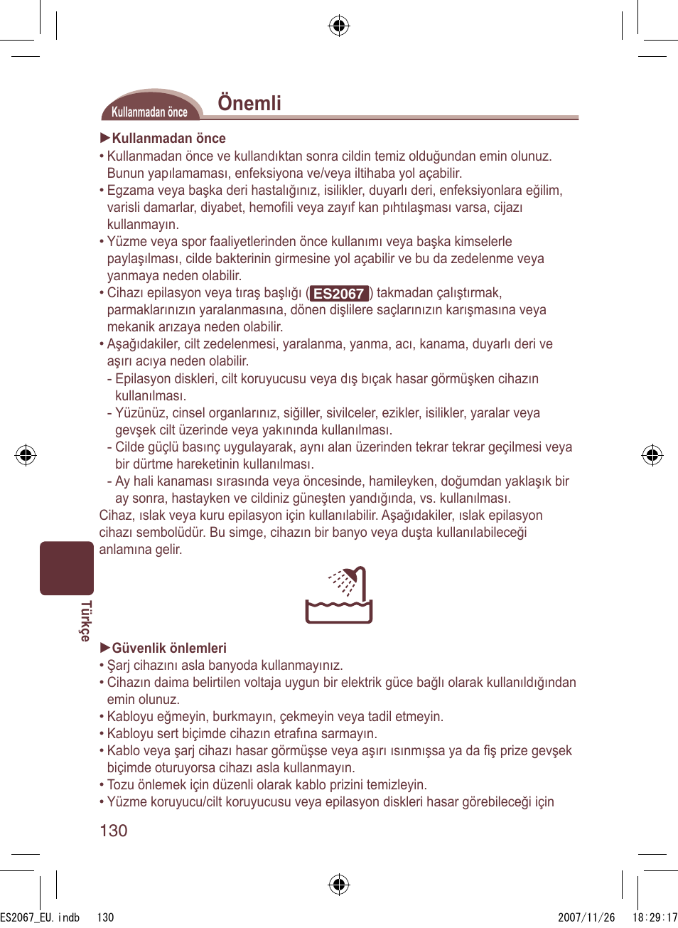 Önemli | Panasonic ES2067 User Manual | Page 130 / 168