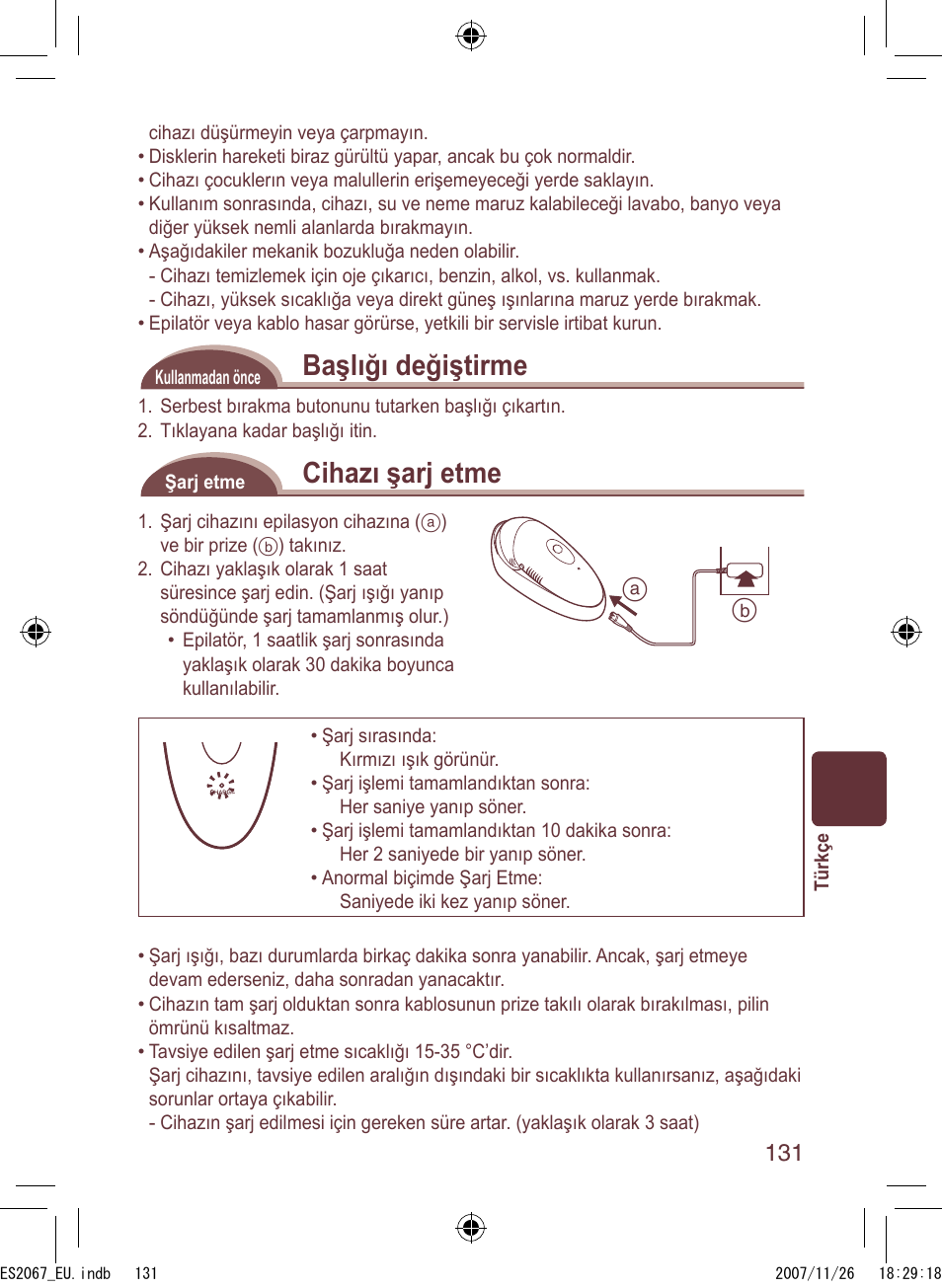 Başlığı değiştirme, Cihazı şarj etme | Panasonic ES2067 User Manual | Page 131 / 168