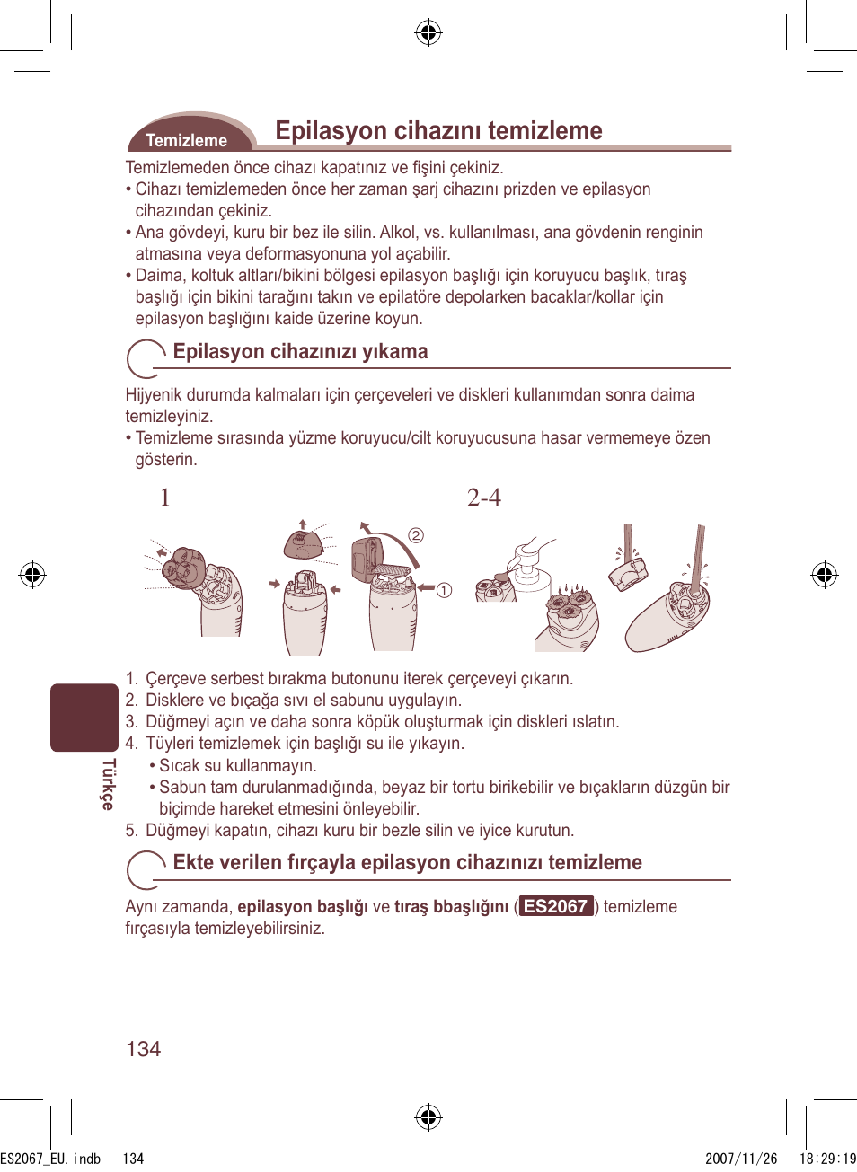 Epilasyon cihazını temizleme | Panasonic ES2067 User Manual | Page 134 / 168