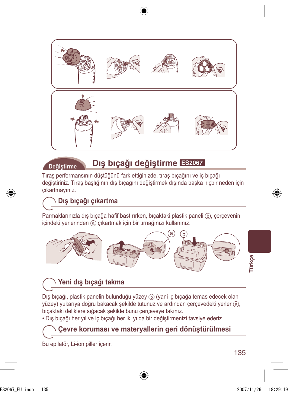 Dış bıçağı değiştirme | Panasonic ES2067 User Manual | Page 135 / 168
