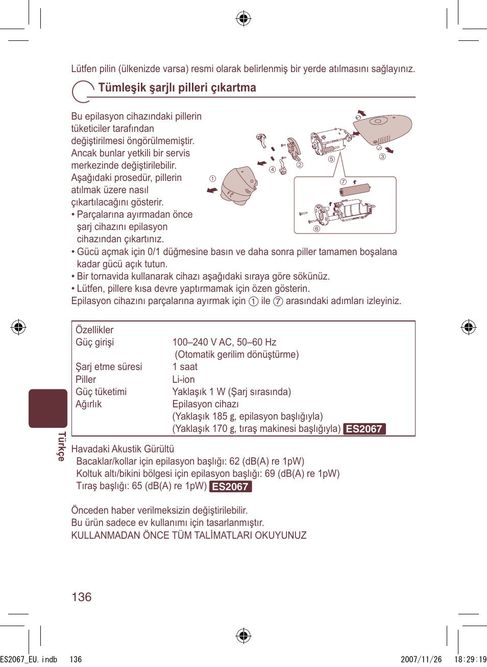 Tümleşik şarjlı pilleri çıkartma | Panasonic ES2067 User Manual | Page 136 / 168