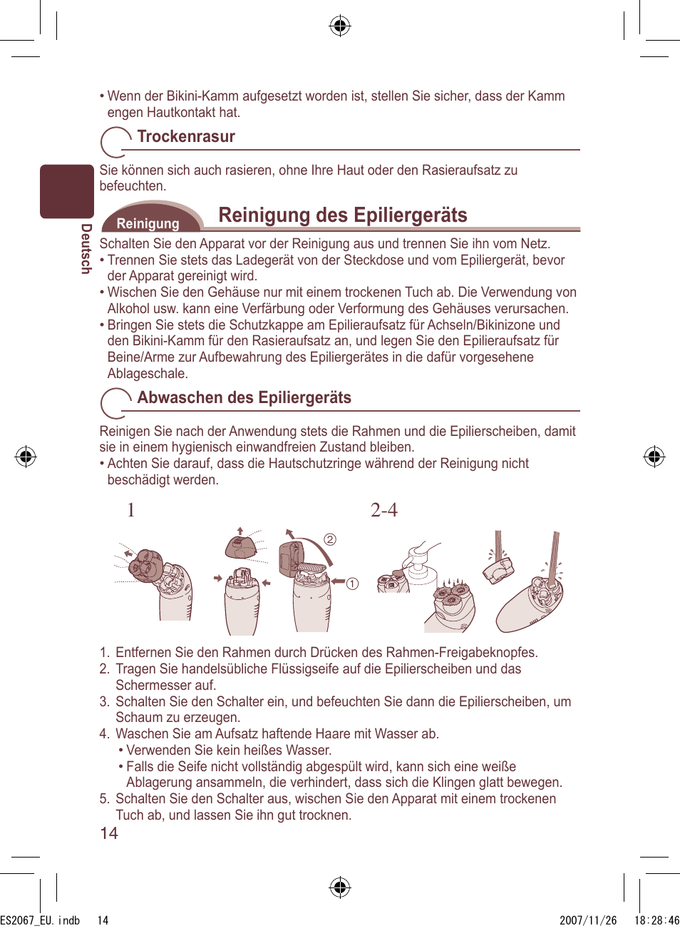 Reinigung des epiliergeräts, Trockenrasur, Abwaschen des epiliergeräts | Panasonic ES2067 User Manual | Page 14 / 168