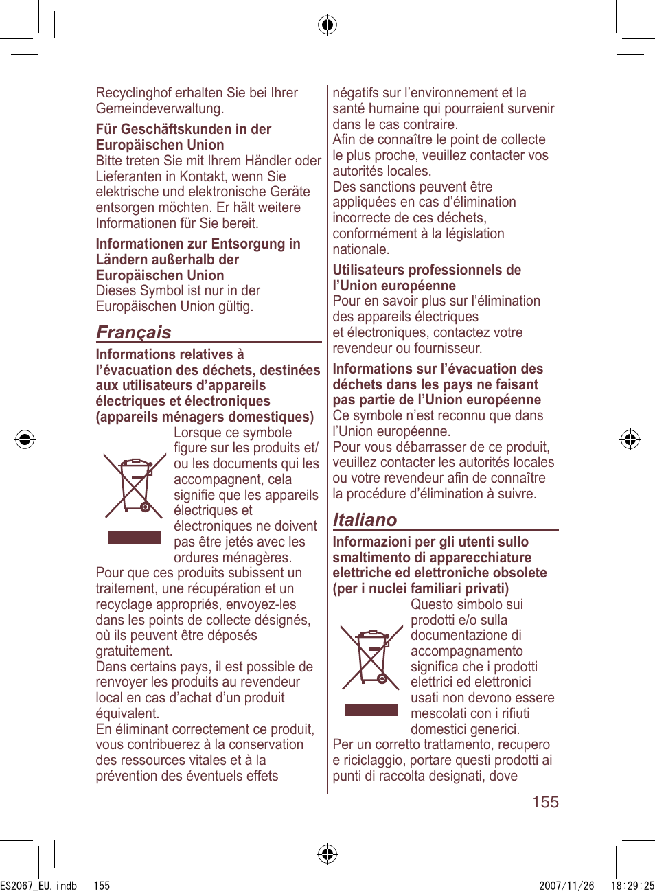 Français, Italiano | Panasonic ES2067 User Manual | Page 155 / 168