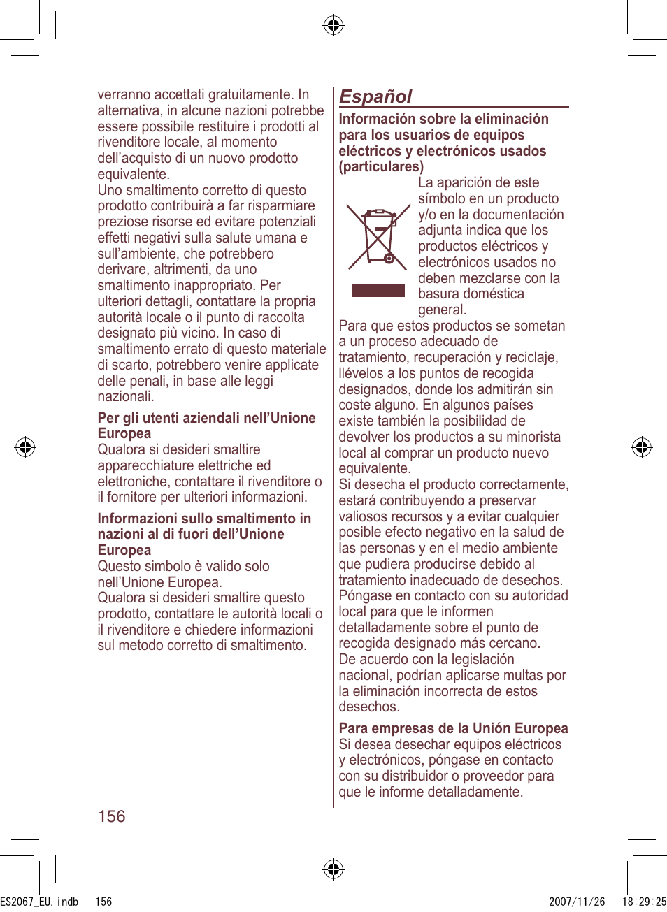 Español | Panasonic ES2067 User Manual | Page 156 / 168
