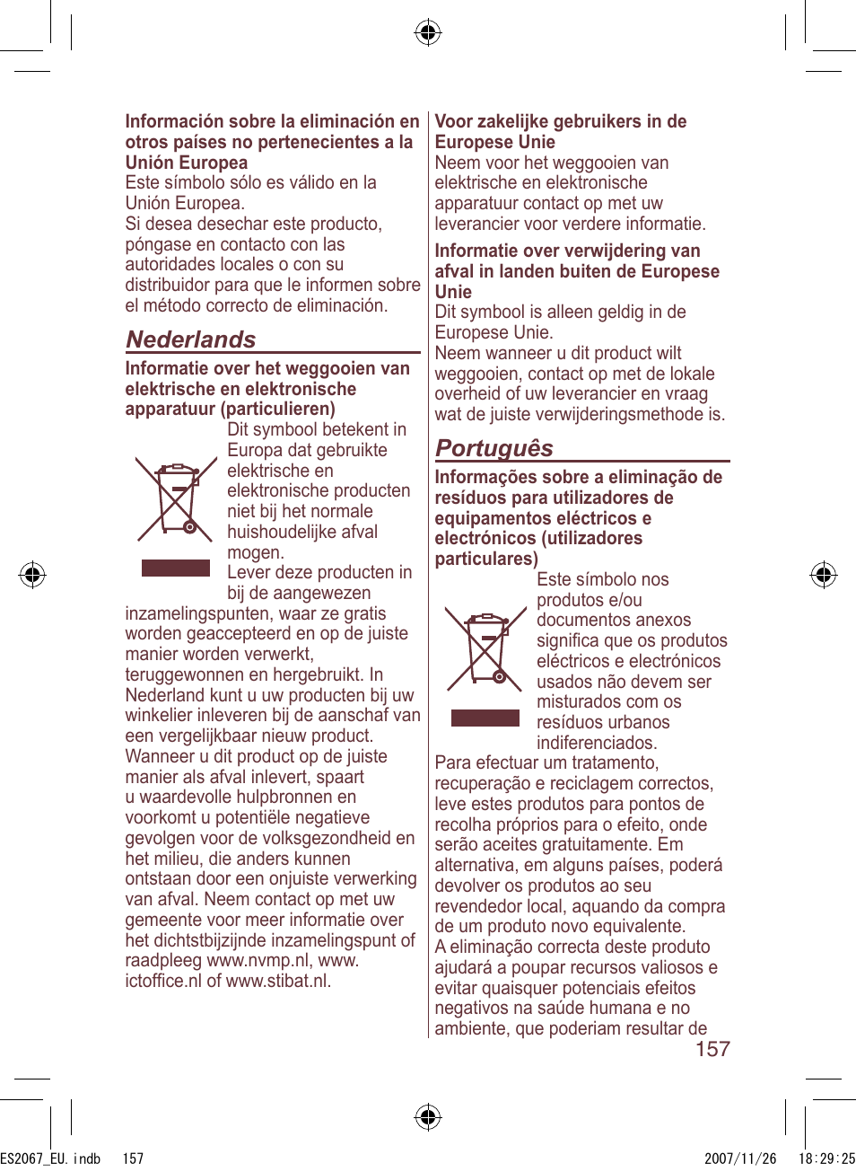 Nederlands, Português | Panasonic ES2067 User Manual | Page 157 / 168