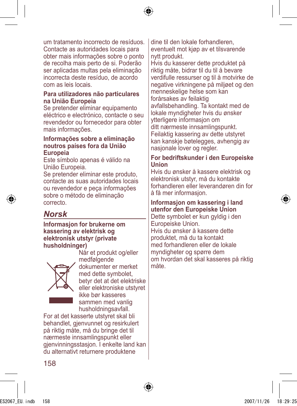 Norsk | Panasonic ES2067 User Manual | Page 158 / 168